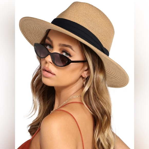 Furtalk Tan with Black Fabric Band Wide Brim Fedora Panama Hat size M in Beige - Picture 1 of 15